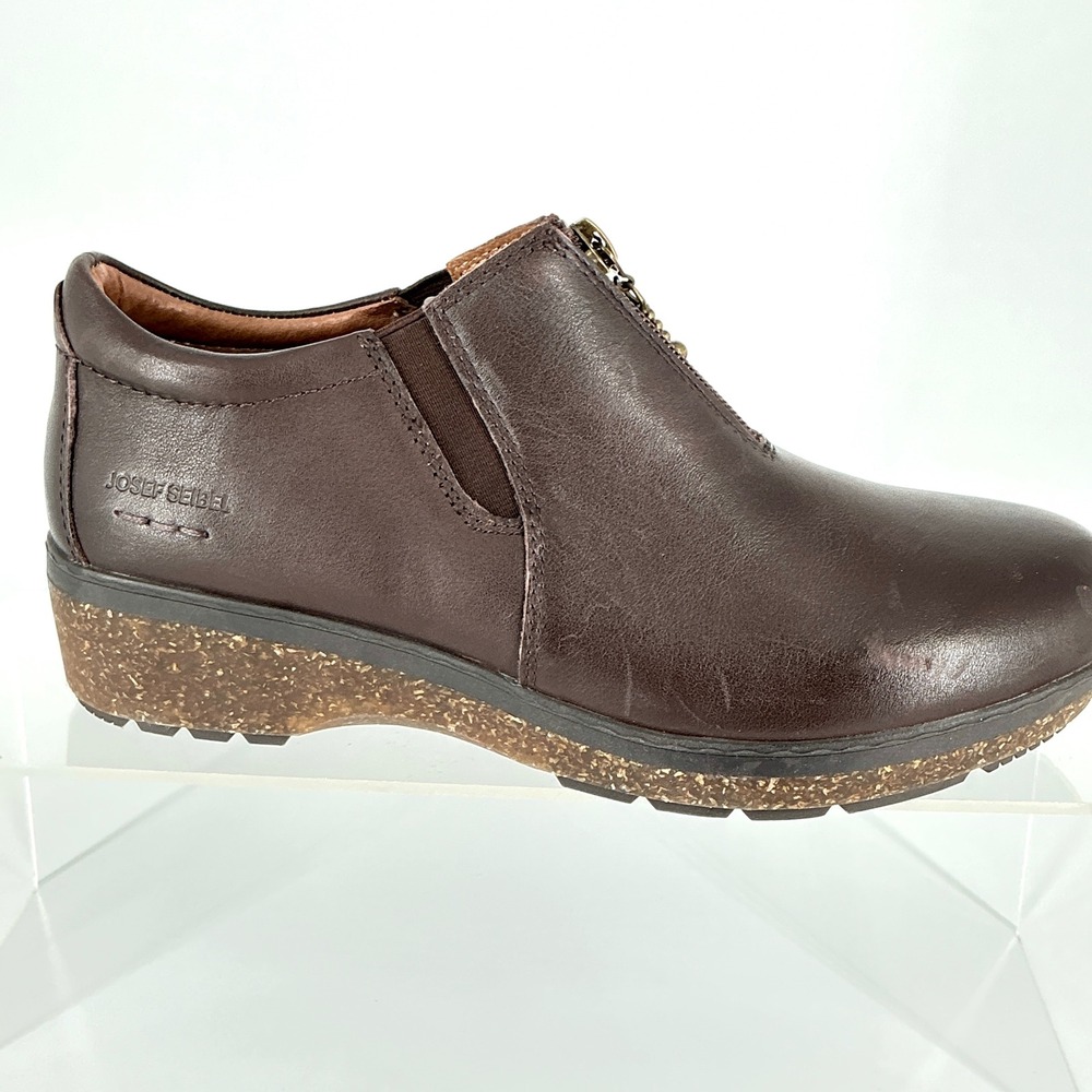 Josef Seibel Size 38 US 7.5 Brown Leather Zip Front Wedge Loafers Shoes Darla 09